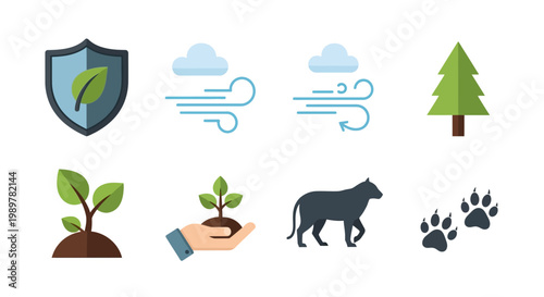Flat vector icon set for environmental protection and nature conservation featuring shield with leaf, wind symbols, pine tree, plant sprout, hand holding seedling, wildlife silhouette, and paw prints.