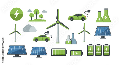 Collection of green energy and renewable technology icons including wind turbines, solar panels, electric cars with charging plugs, batteries, and trees on white background.
