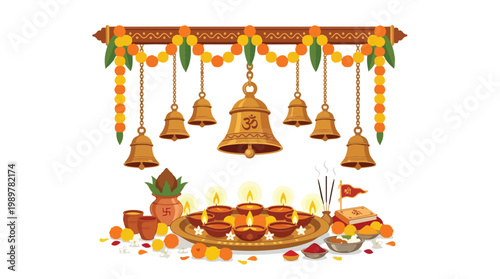 Ram Navami Celebration Vector Illustration with Traditional Decorations Bells and Diyas for Indian Festival Design