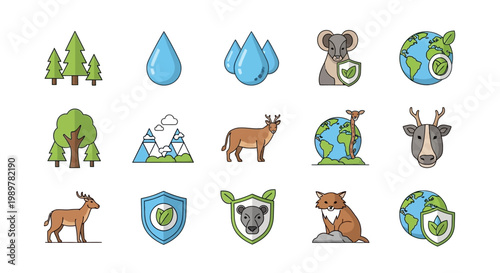 Vector nature conservation icon set featuring wildlife like deer, fox, and koala, plus environmental symbols including earth globes, water drops, forest trees, and protective eco shields.
