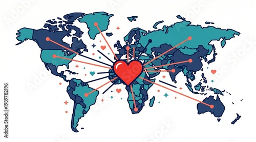 clipart for Global Love Day, world map silhouette with large central heart and radiating lines connecting continents