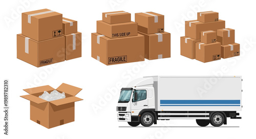 A delivery truck transports various sized boxes to a warehouse for storage and organization purposes indoors.