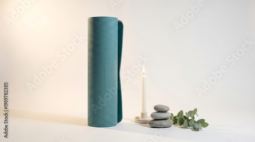 A serene yoga mat setup with a candle, stones, and leaves on a clean white surface