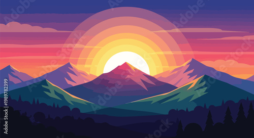 Pixel Art Sunset Over Mountains, Vibrant Sky, Digital Landscape Illustration