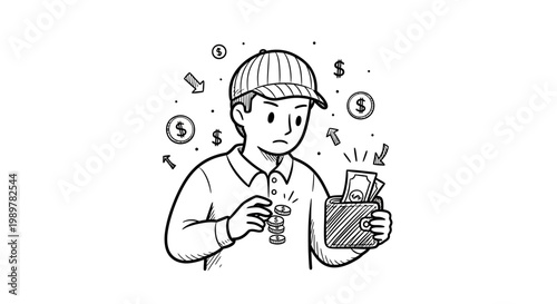 A concerned young individual meticulously counts their last few coins while gazing into an empty wallet, illustrating financial hardship and budgeting.