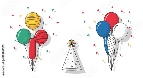 Illustration of colorful balloons and party hat with confetti decoration