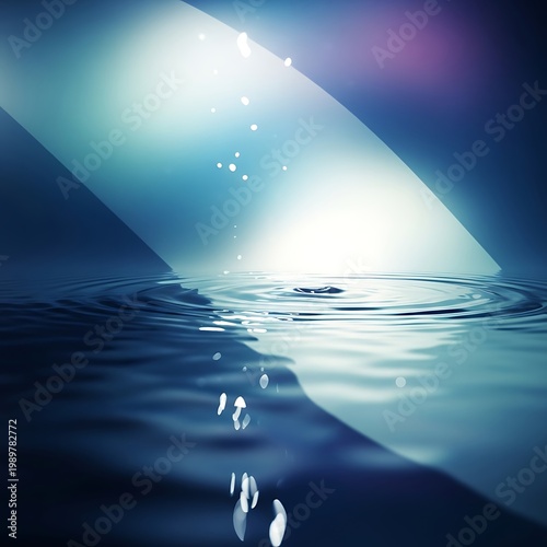 Water droplet impact creates radiating ripples on a dark, illuminated surface
