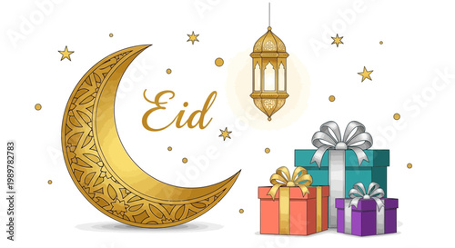Eid celebration with crescent moon, gifts, and lantern in festive atmosphere