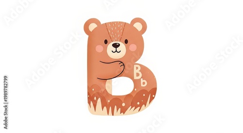 Cute brown bear, alphabet letter B, cartoon character, educational illustration