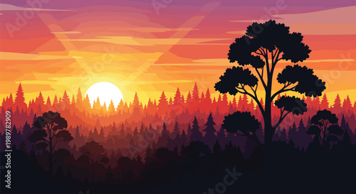 Vibrant Sunset Over Forest Silhouette, Warm Sky, Rays of Light, Nature Landscape