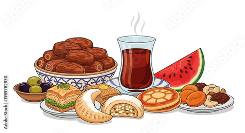 Illustration of a traditional Arabic iftar table setting with food and drink on plates