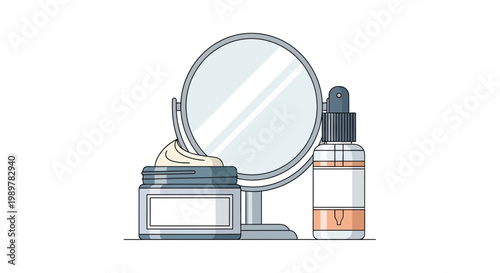 Fashion accessories including a makeup container, serum bottle, and mirror on a table indoors.