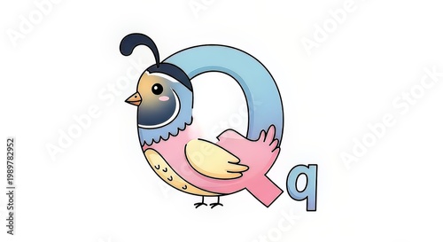 Colorful bird, alphabet, letter q, illustration, cartoon style, educational, kids, learning