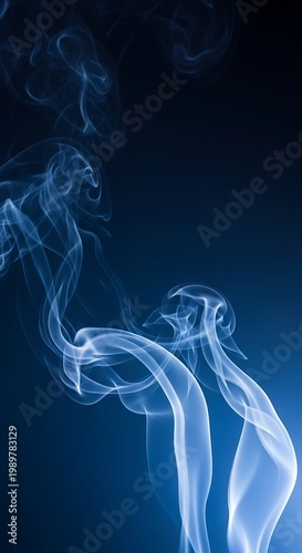 Wispy blue illuminated tendrils of smoke ascend against a dark gradient background