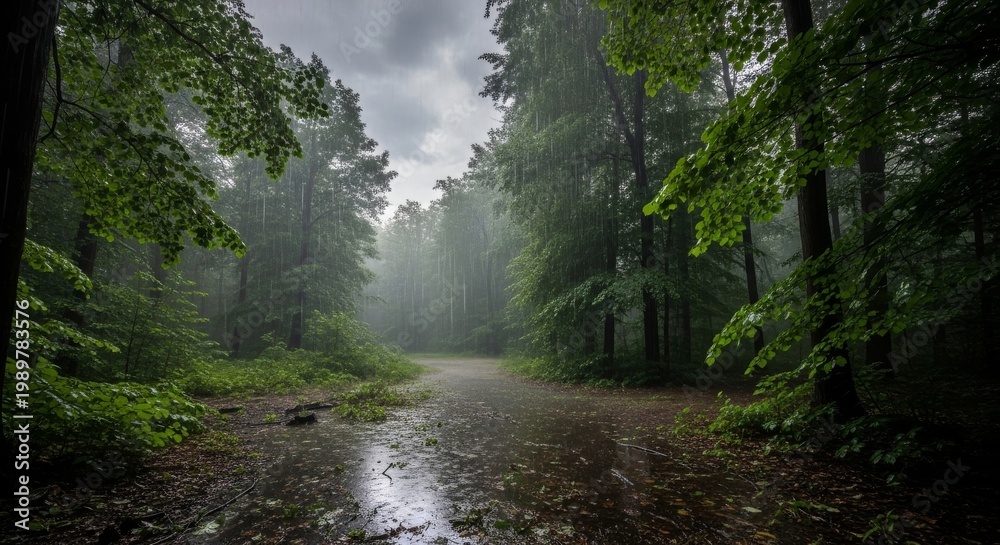 Obraz premium Forest Path Under Heavy Rain and Stormy Skies