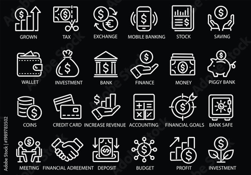 Finance thin line icon set. Saving, increasing and spending finances. Payments elements, budget, loan, bank, deposit, money, profit, piggy bank - stock vector.