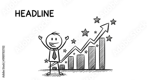 A joyful hand-drawn stick figure businessman celebrates remarkable financial growth, an upward trending chart symbolizing market success and positive business achievement.
