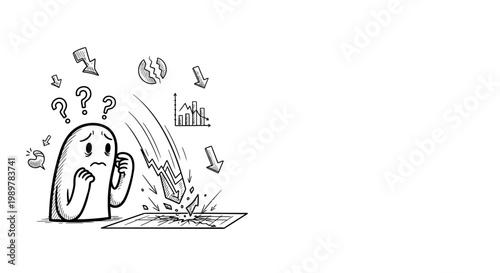 A distraught cartoon character grapples with overwhelming business problems, witnessing a catastrophic decline amidst symbols of stress, failure, and deep anxiety.