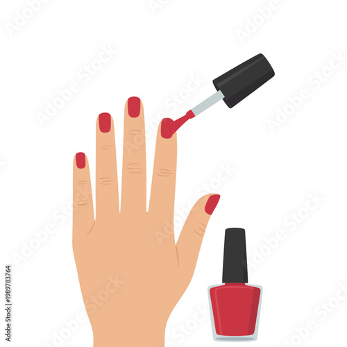 Female hand with red painted fingernails and nail polish brush, flat vector illustration showing manicure and beauty care concept.