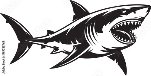 Great white shark silhouette with open jaws and sharp teeth for aggressive ocean predator mascot logo