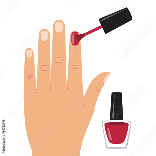 Female hand with red painted fingernails and nail polish brush, flat vector illustration showing manicure and beauty care concept.