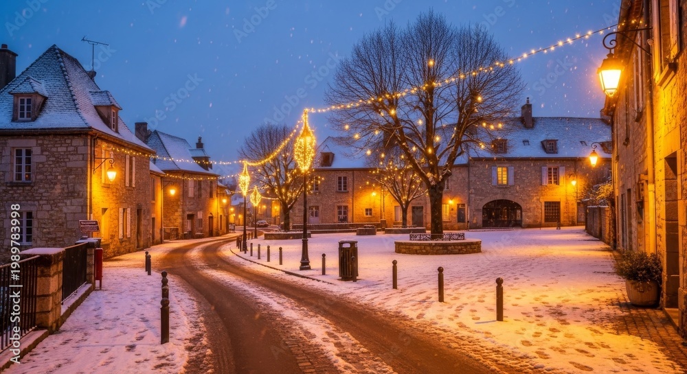 Fototapeta premium Charming European Village Street at Dusk with Snow and Lights