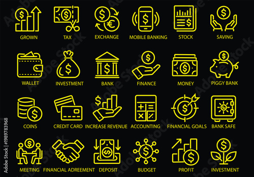 Finance thin line icon set. Saving, increasing and spending finances. Payments elements, budget, loan, bank, deposit, money, profit, piggy bank - stock vector.