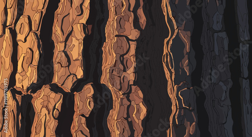 Close-up of textured tree bark with dramatic shadows and warm sunlight