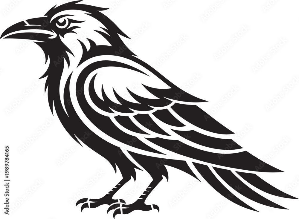 Fototapeta premium Tribal raven silhouette vector illustration art in black and white on transparent background