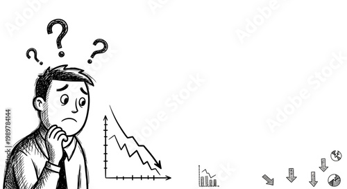 A hand-drawn illustration portrays a confused man in a business setting, pondering significant financial challenges and a steep market decline with visible stress.