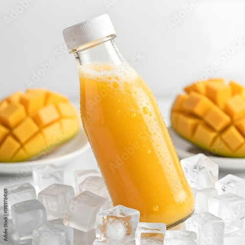 Refreshing Mango Juice Bottle with Ice and Fresh Fruit