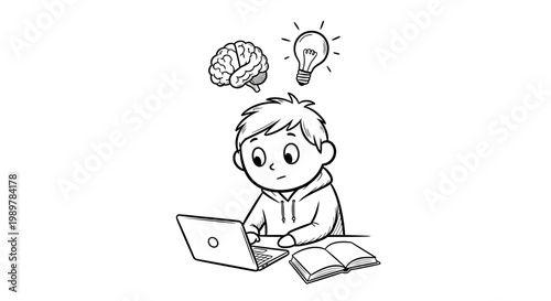 A young boy intently studies at his laptop, brain and lightbulb icons above him represent active learning, creative thinking, and problem-solving skills.