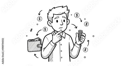 A confused young man contemplates his financial situation, holding coins and surrounded by money symbols and an empty wallet, illustrating economic uncertainty.