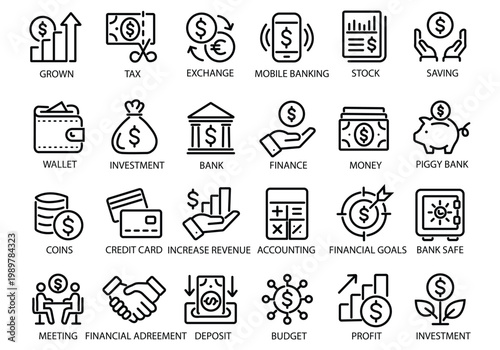 Finance thin line icon set. Saving, increasing and spending finances. Payments elements, budget, loan, bank, deposit, money, profit, piggy bank - stock vector.