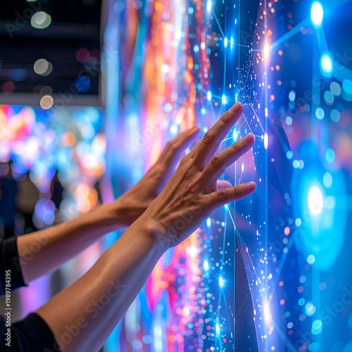 Human hands interacting with a glowing futuristic digital display
