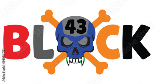 Bold typographic logo design featuring word block with skull crossbones illustration. Blue skull with number forty three represents racing culture and street wear fashion in urban style vector.