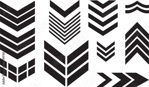 Black chevron rank insignia collection for military uniform design and apparel graphics development