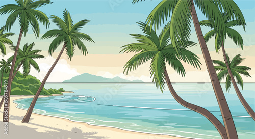 Tropical Beach Paradise: Palm Trees, Ocean, and Island Horizon