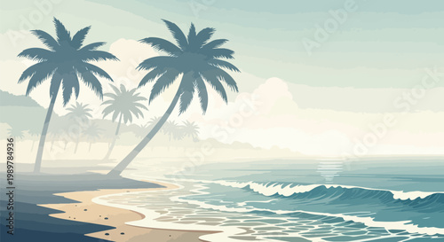 Pixel Art Tropical Beach Landscape with Palm Trees and Ocean Waves