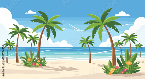 Tropical Beach Paradise with Palm Trees, Ocean, and Lush Vegetation
