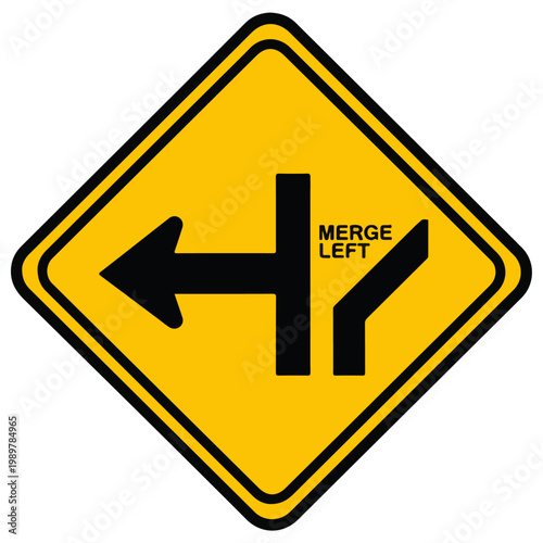 Merge Left Road Traffic Warning Sign Flat Vector Design