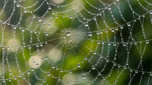 A close-up view of a delicate spider web covered in dew drops against a blurred green background