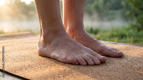 A person stands barefoot on a cork surface outdoors during a serene sunset