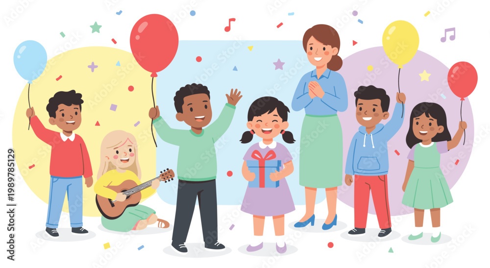 Fototapeta premium Happy multiracial kids partying with teacher flat vector illustration. Smiling school girl holding gift box while friends play guitar and hold balloons. Festive atmosphere with confetti dots.