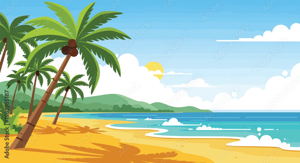 Fototapeta premium Tropical Beach Landscape with Palm Trees, Ocean Waves, and Sunny Sky