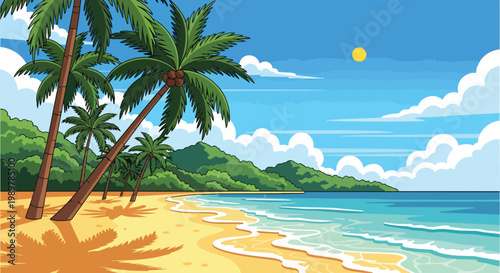Pixel Art Tropical Beach Paradise with Palm Trees and Sunny Sky