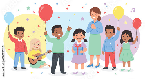 Happy multiracial kids partying with teacher flat vector illustration. Smiling school girl holding gift box while friends play guitar and hold balloons. Festive atmosphere with confetti dots.