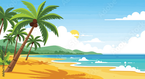 Tropical Beach Landscape with Palm Trees, Ocean Waves, and Sunny Sky