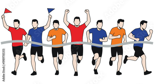 Athletic men racing together on outdoor track toward finish line. Flat vector illustration of diverse marathon participants celebrating victory with flags. Sport competition and healthy lifestyle.