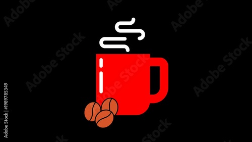 Seamless looping hot coffee animation in a red cup featuring moving steam and beans. Beverage motion graphic on a transparent alpha channel background for cafe and productivity themes